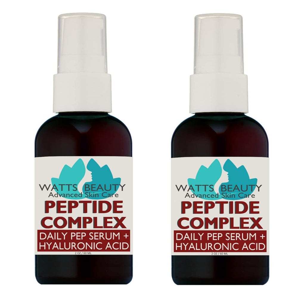 Watts Beauty peptide serum bottle highlighting anti-aging skincare benefits.