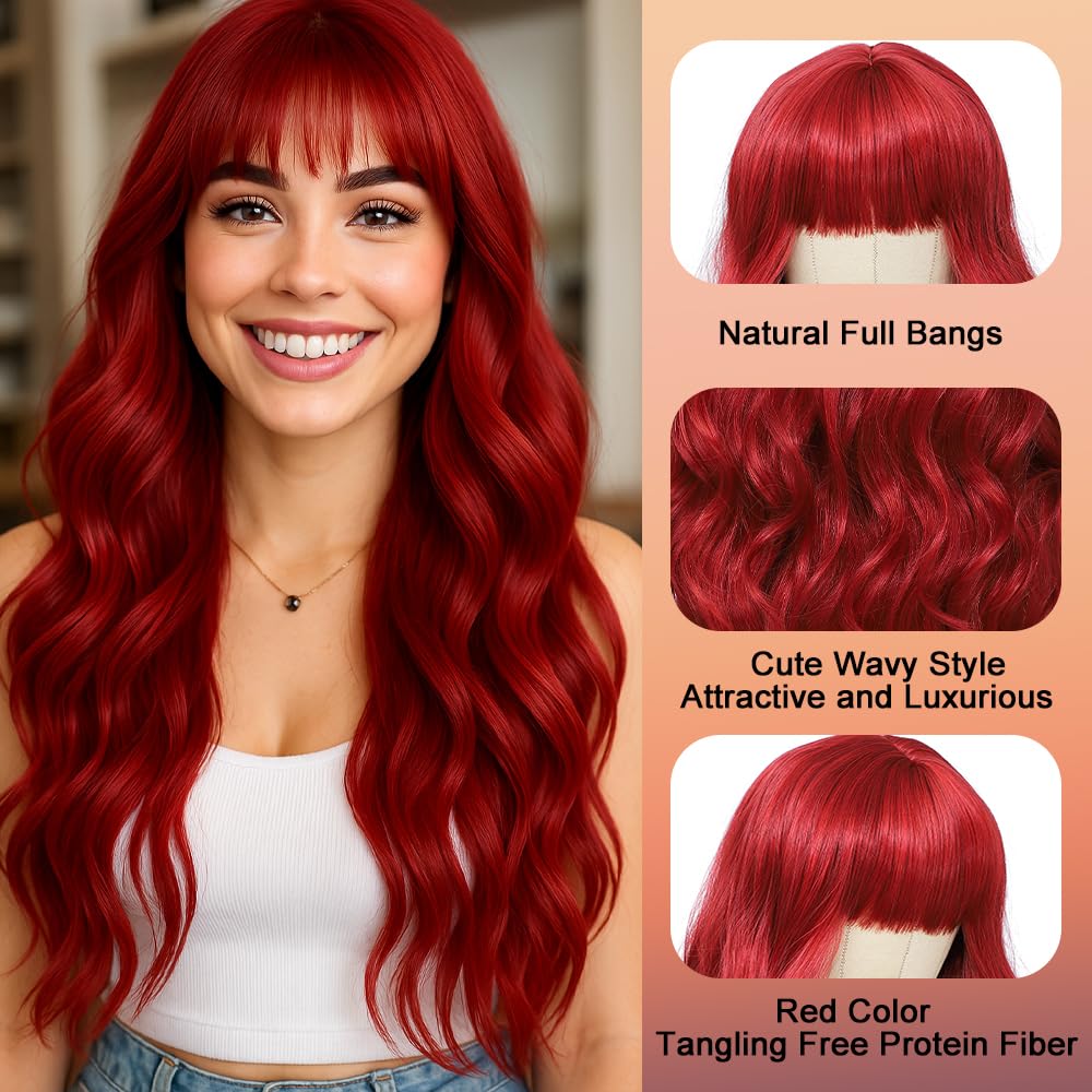 WAVE&BREEZE long red wig with bangs side swoop for bold styling