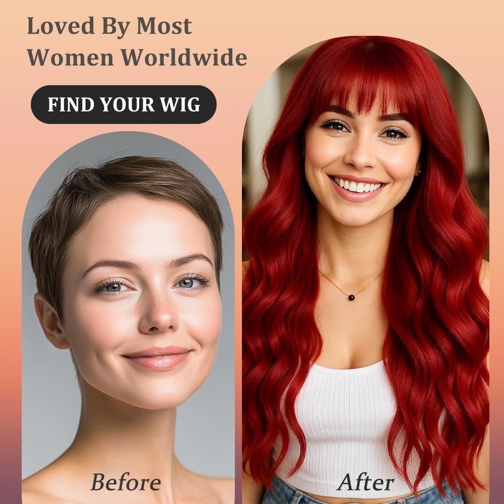 WAVE&BREEZE red wig bangs 26inch curls close-up showing texture