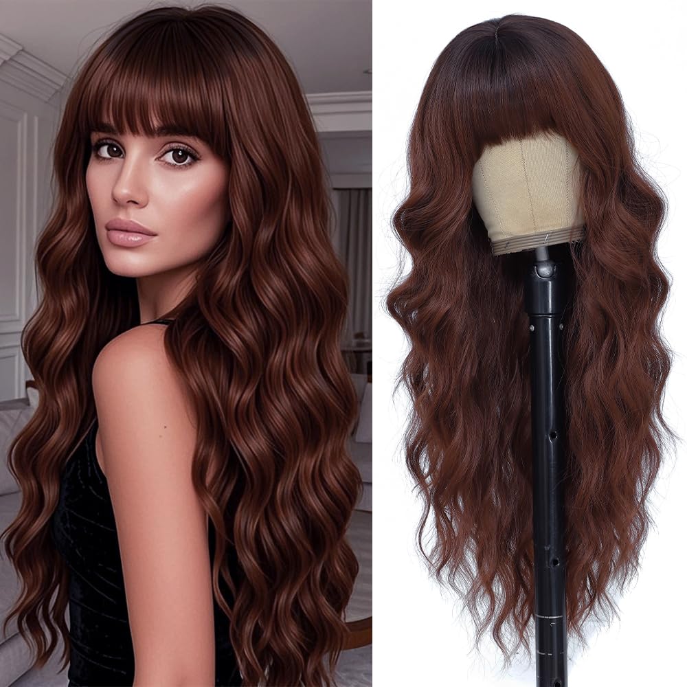 Wave&Breeze long auburn wig with bangs, 26-inch length for versatile styling.