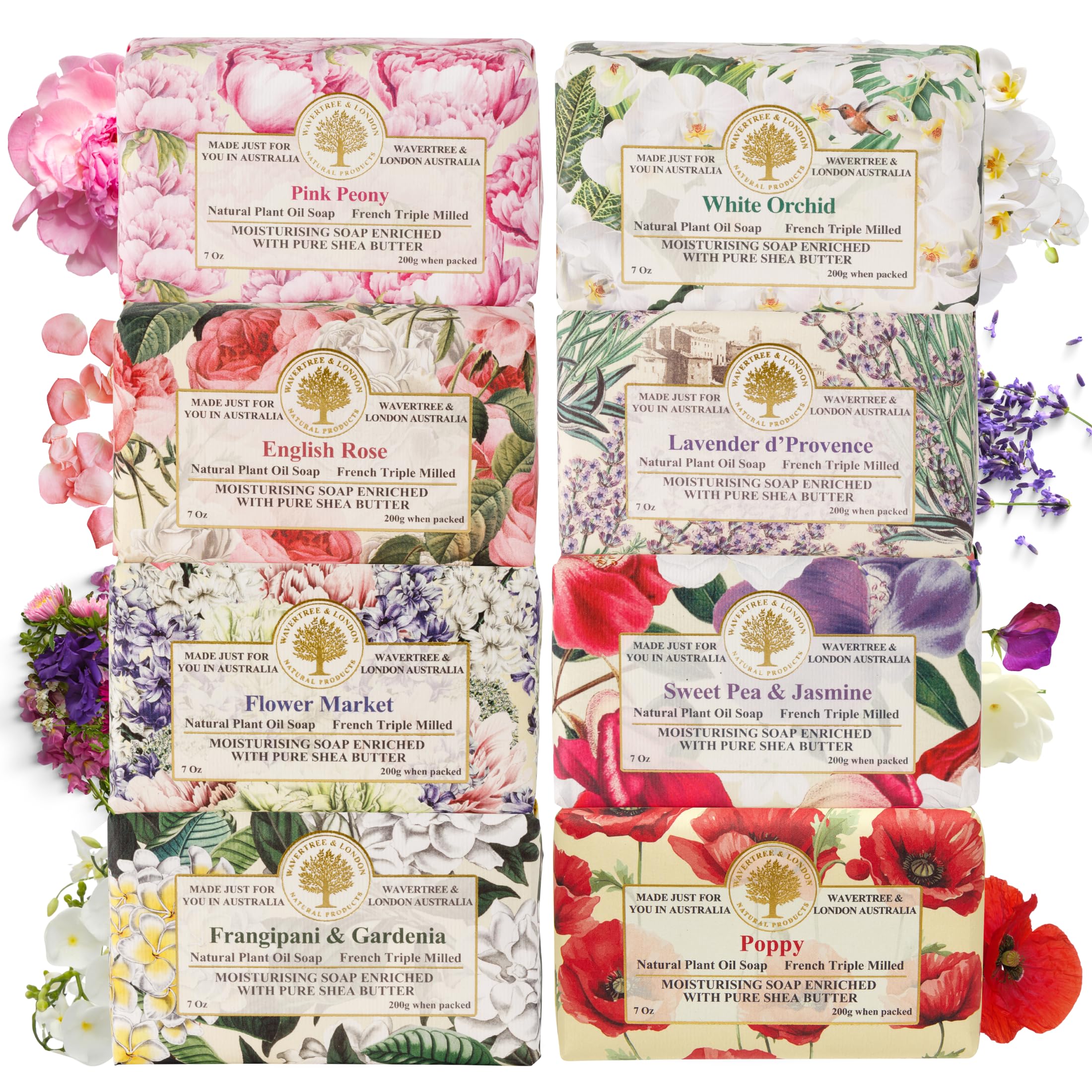 Wavertree & London assorted floral elegance soaps 8-pack with long-lasting fragrance.