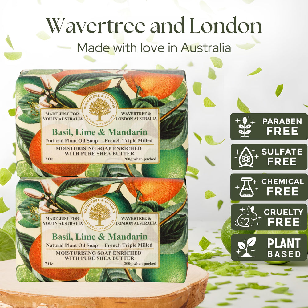 Wavertree & London basil lime mandarin soap bar closeup shows rich, creamy texture.