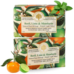 Wavertree & London packaging of basil lime mandarin soap bar signals premium natural ingredients.