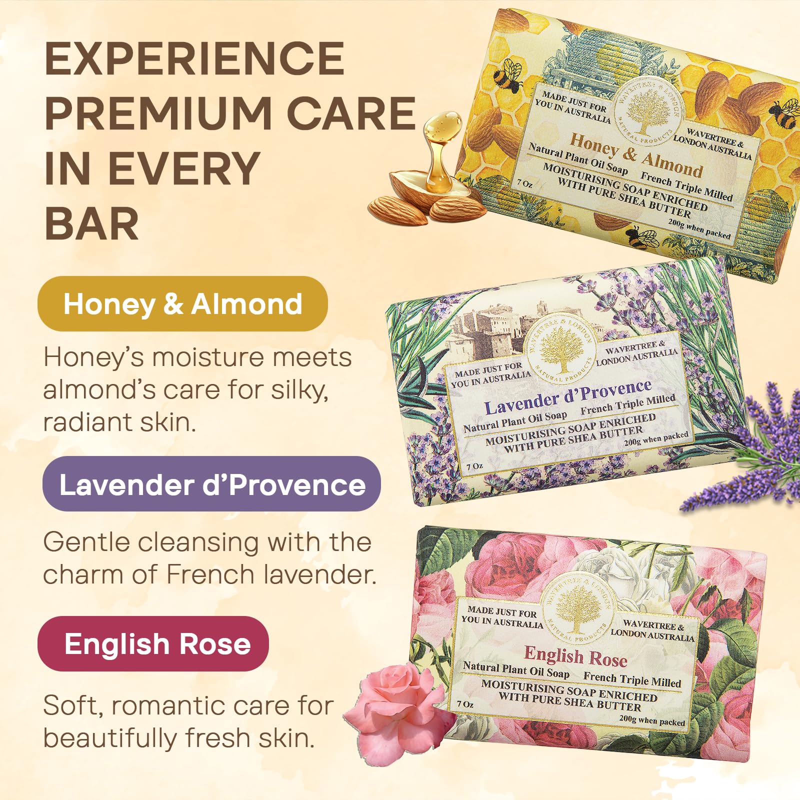 Wavertree & London Honey & Almond soap bar nourishes for hydration