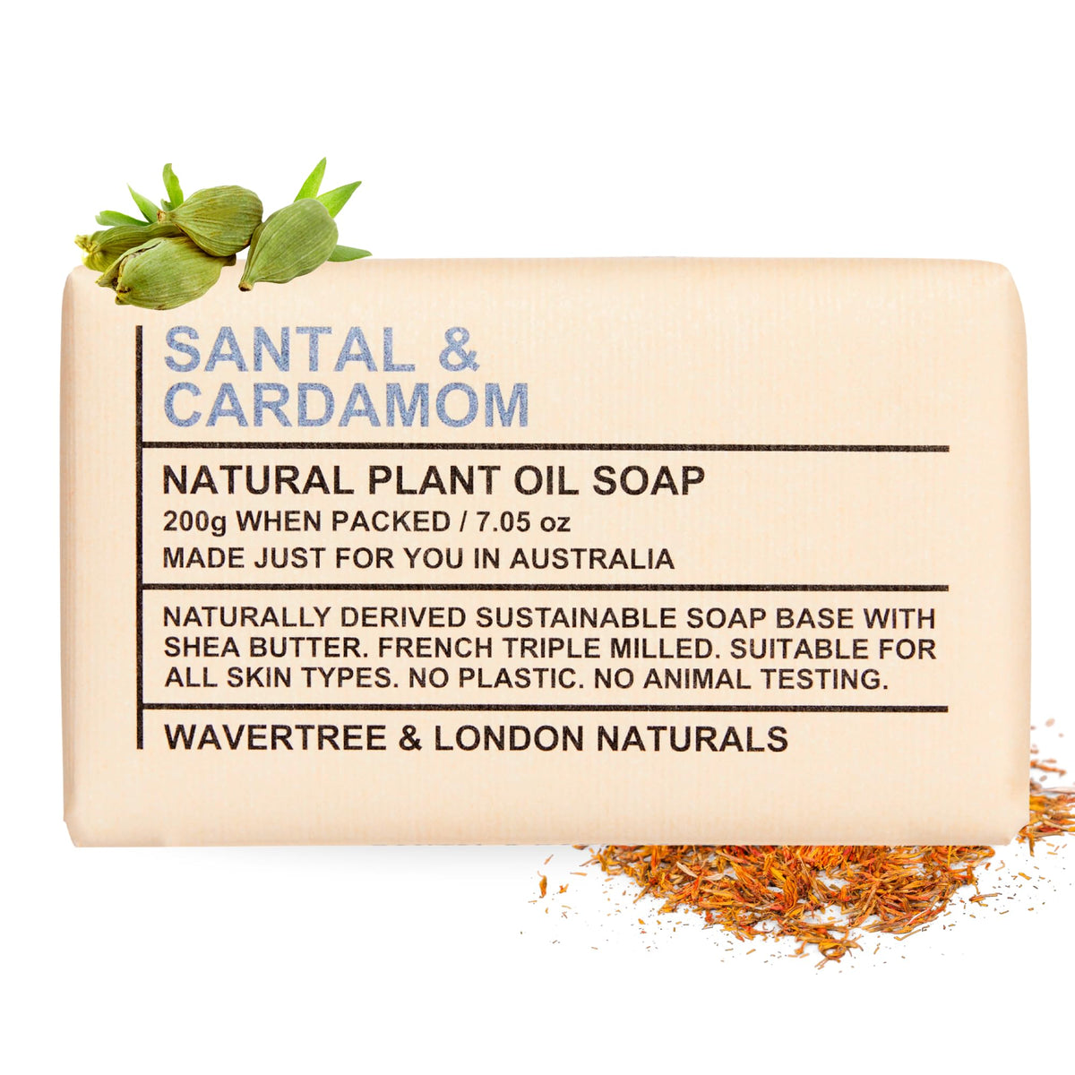 Wavertree & London packaging for Santal & Cardamon soap bar signals premium, gift-ready presentation.