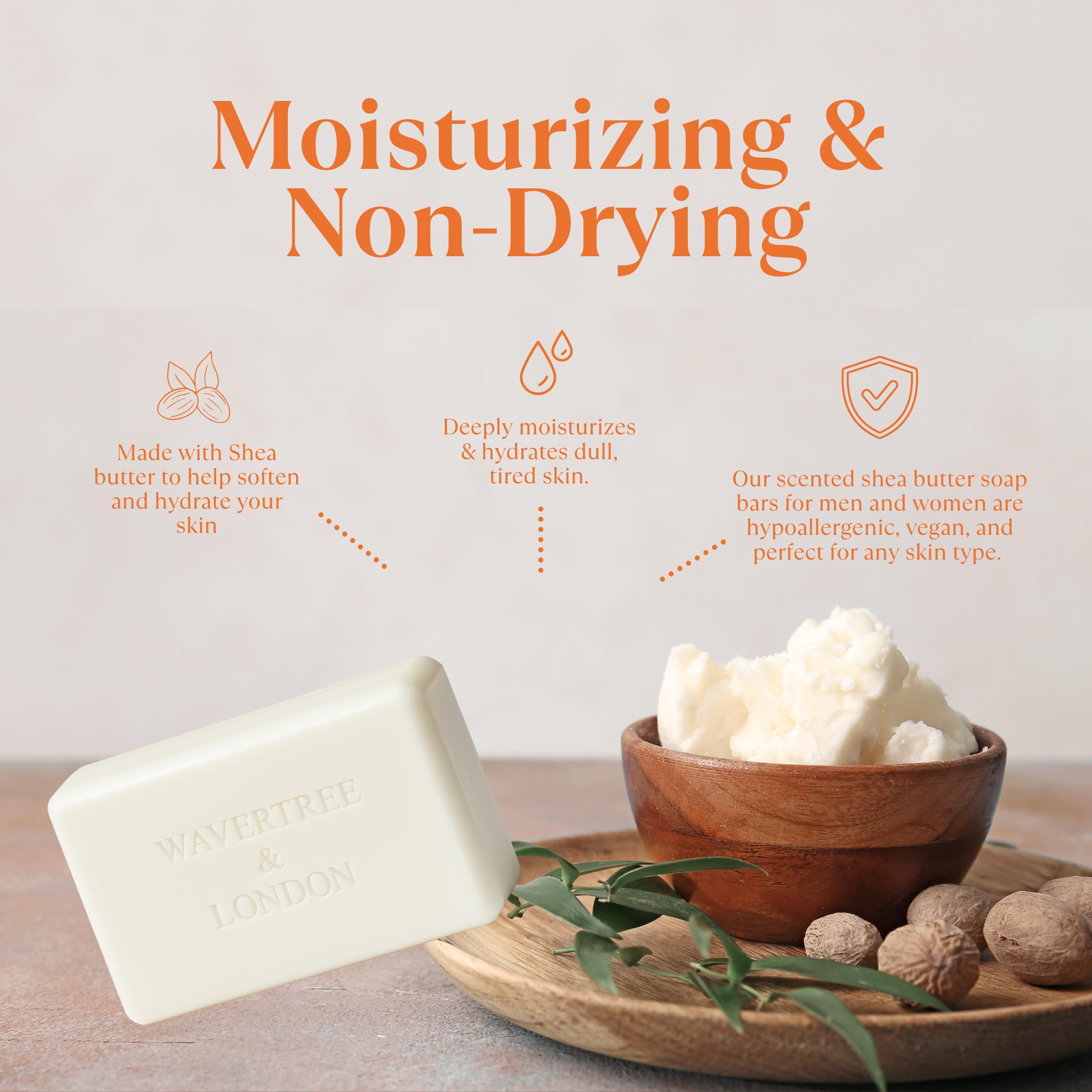 Wavertree & London soap with glycerin for moisturizing cleansing.