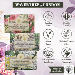 Wavertree & London English Rose bar closeup releasing floral fragrance during bathing.
