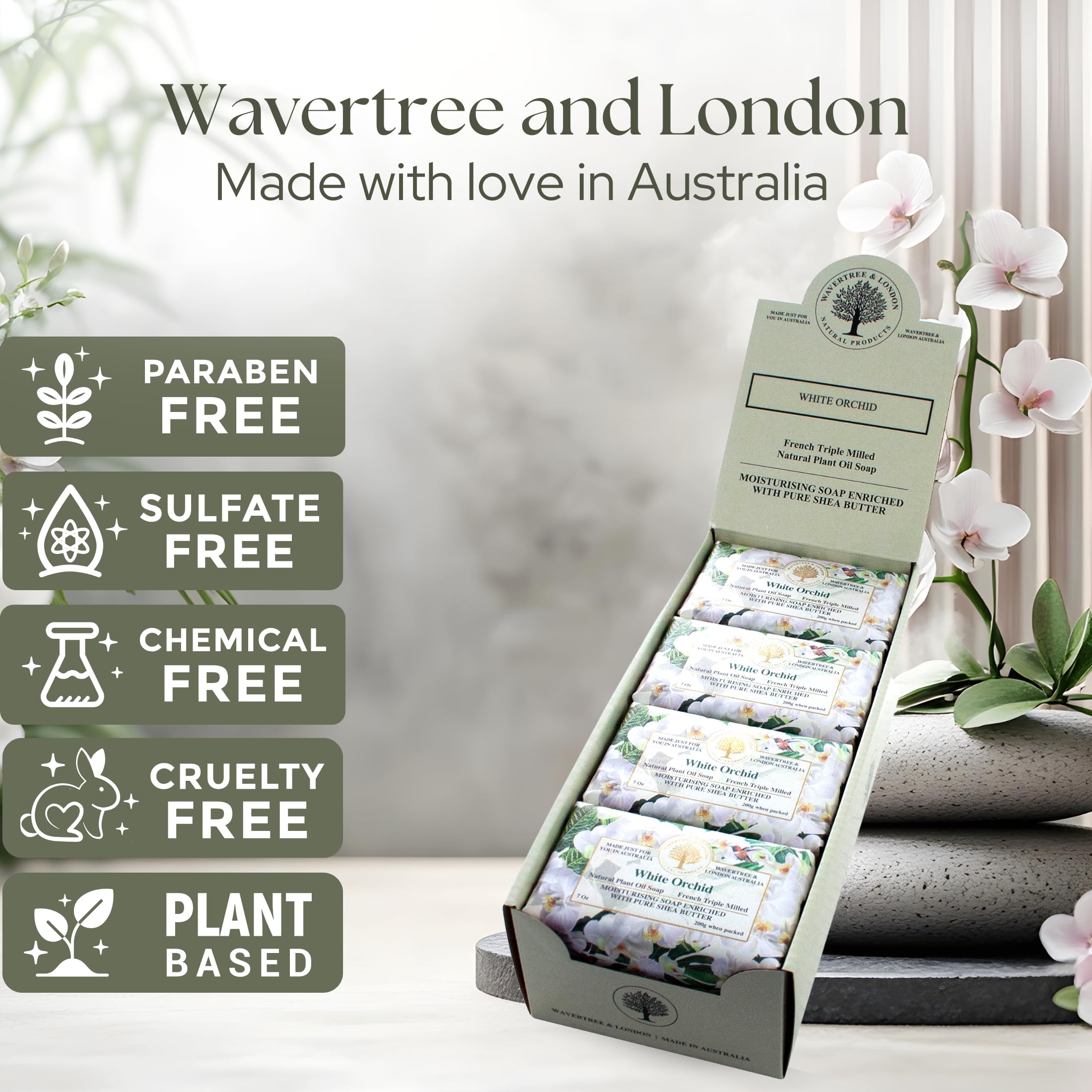 Closeup of Wavertree London White Orchid bars showing creamy lather and smooth texture