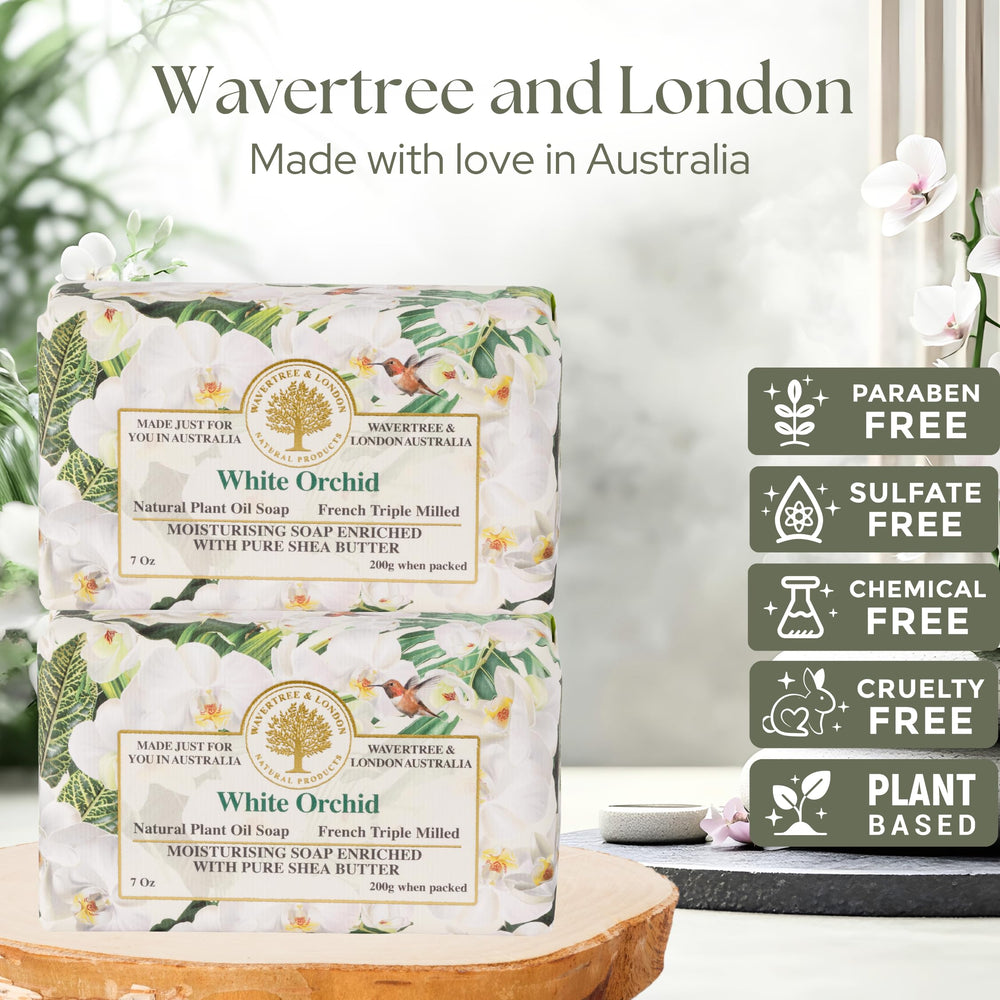 White orchid soap bar close-up showing creamy lather and triple milled surface