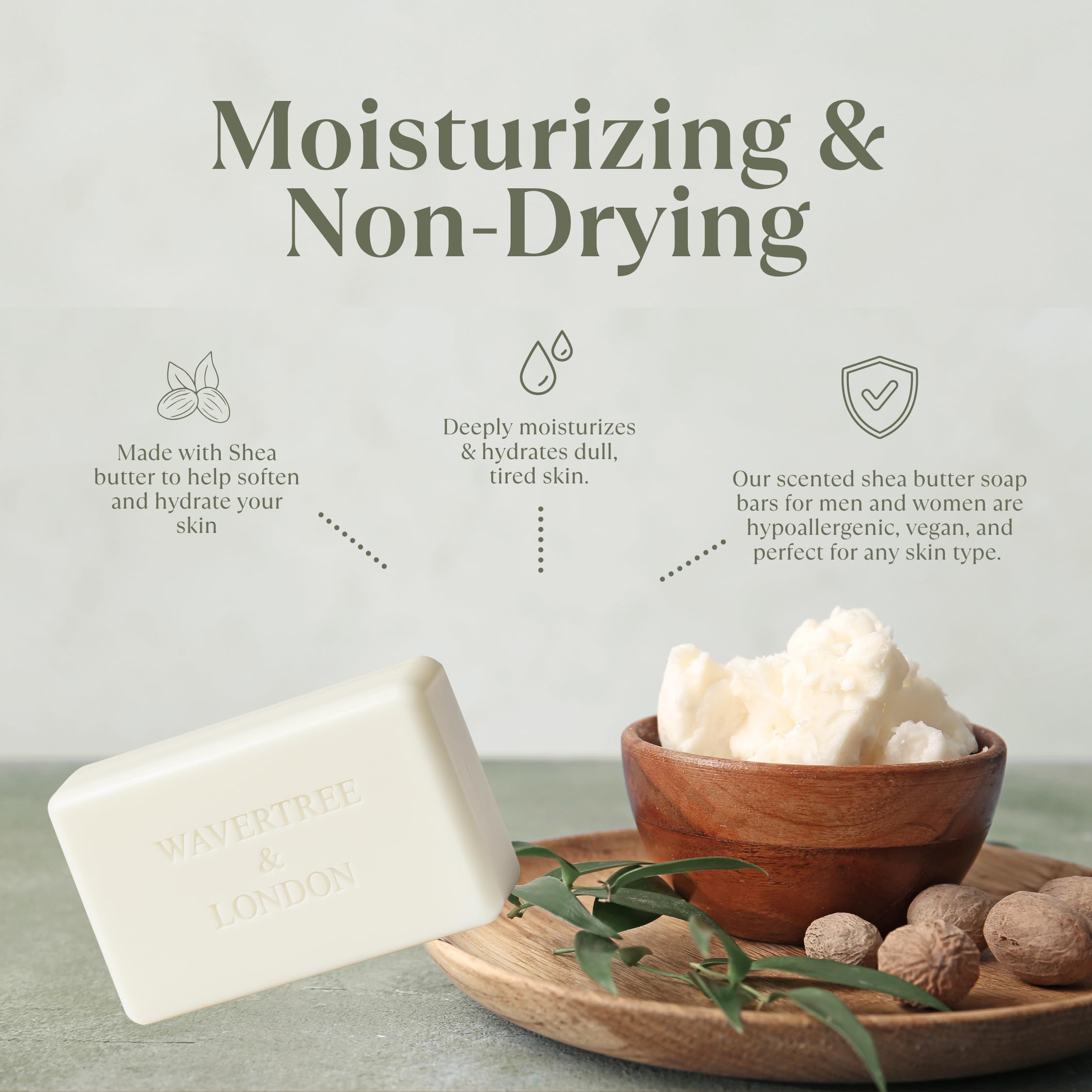 Glycerin sheen on soap bar highlighting moisturizing formula with shea butter