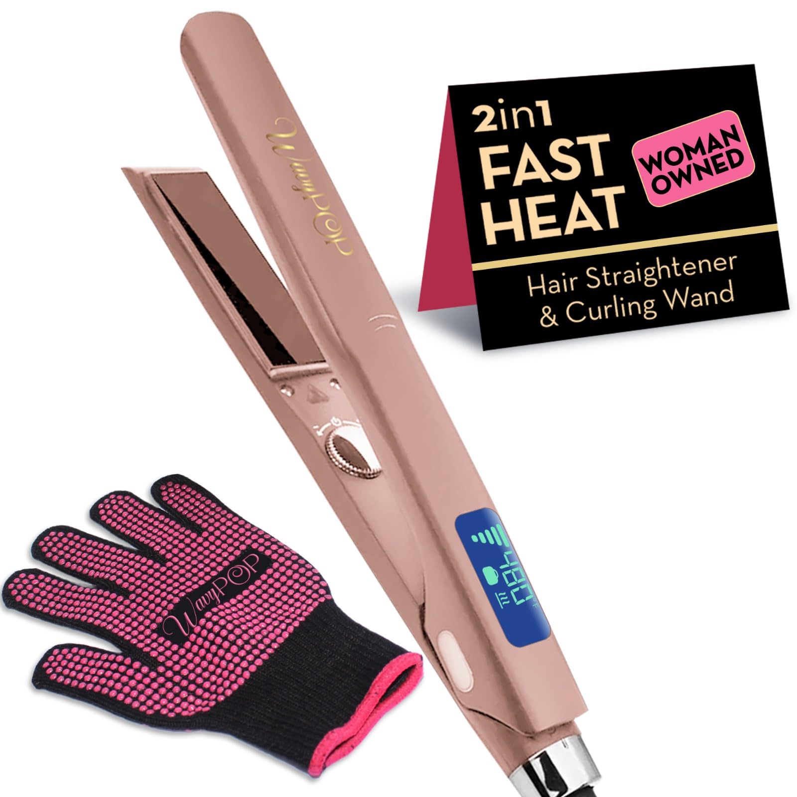 WAVYPOP 2-in-1 flat iron with titanium plates for snag-free styling.