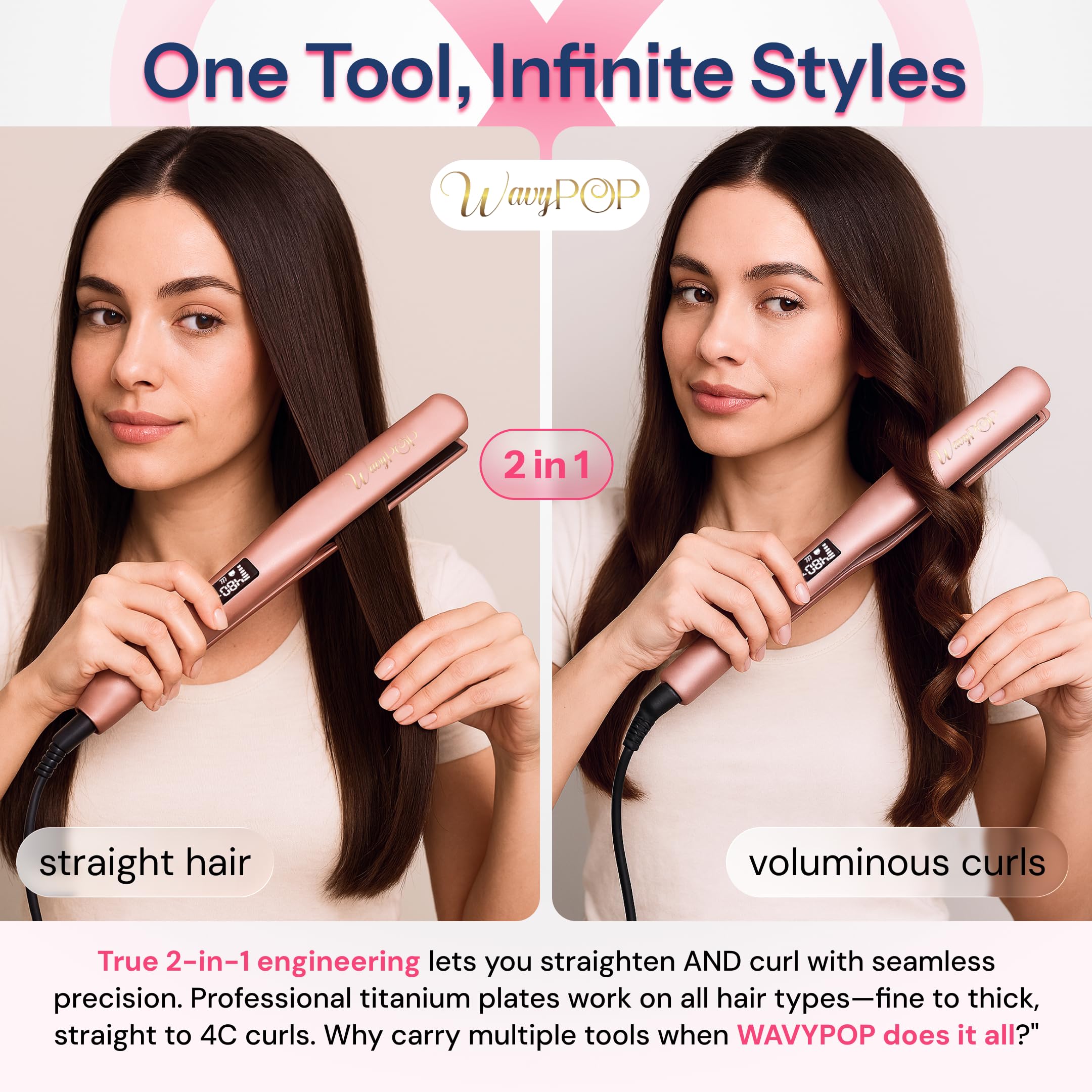 WAVYPOP dual-voltage travel flat iron for worldwide styling.