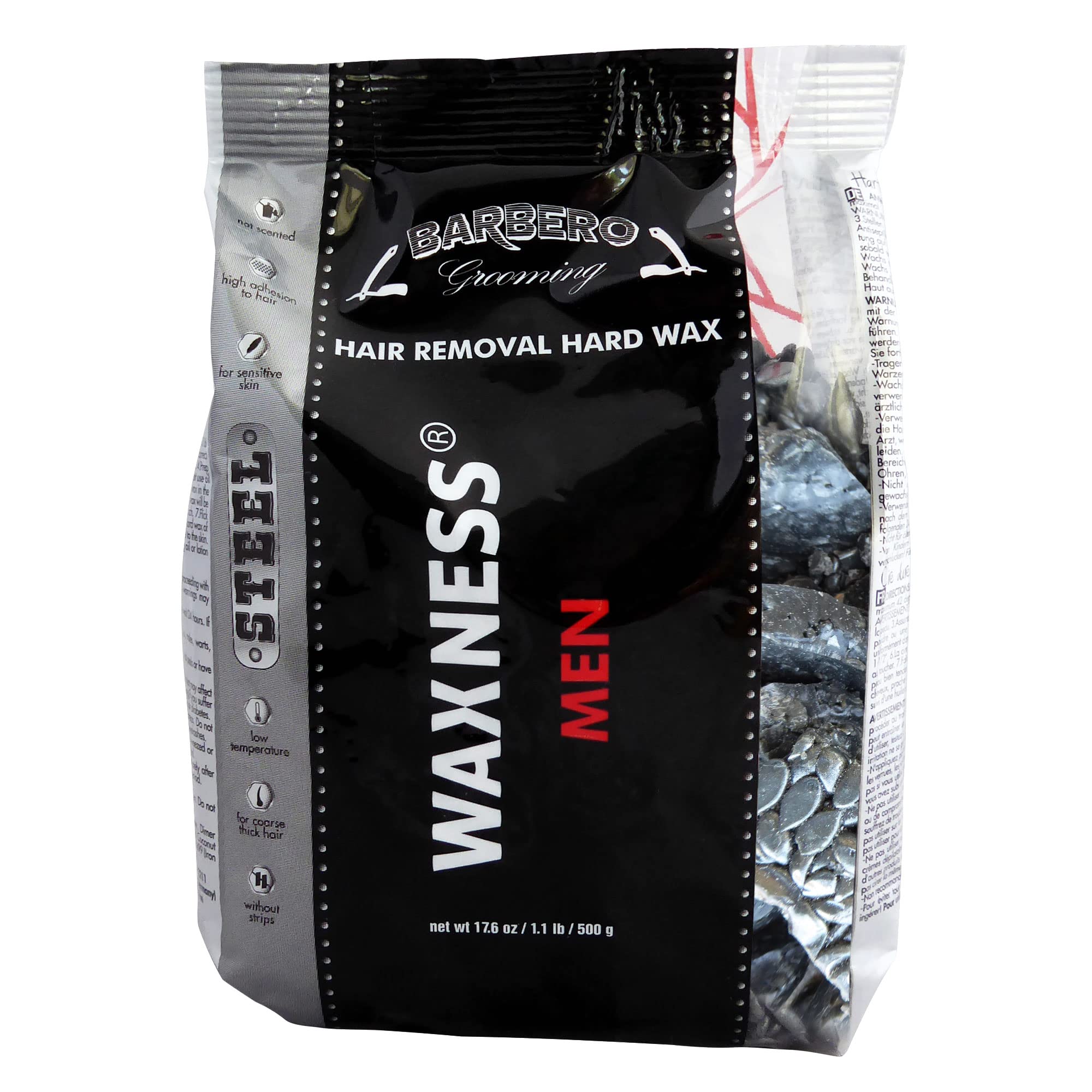 Wax Necessities Barbero hard wax granules close-up showing pre-melted convenience.