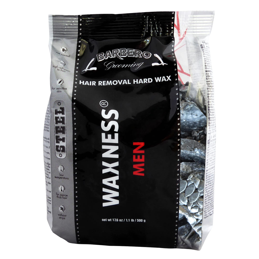 Wax Necessities Barbero hard wax granules close-up showing pre-melted convenience.