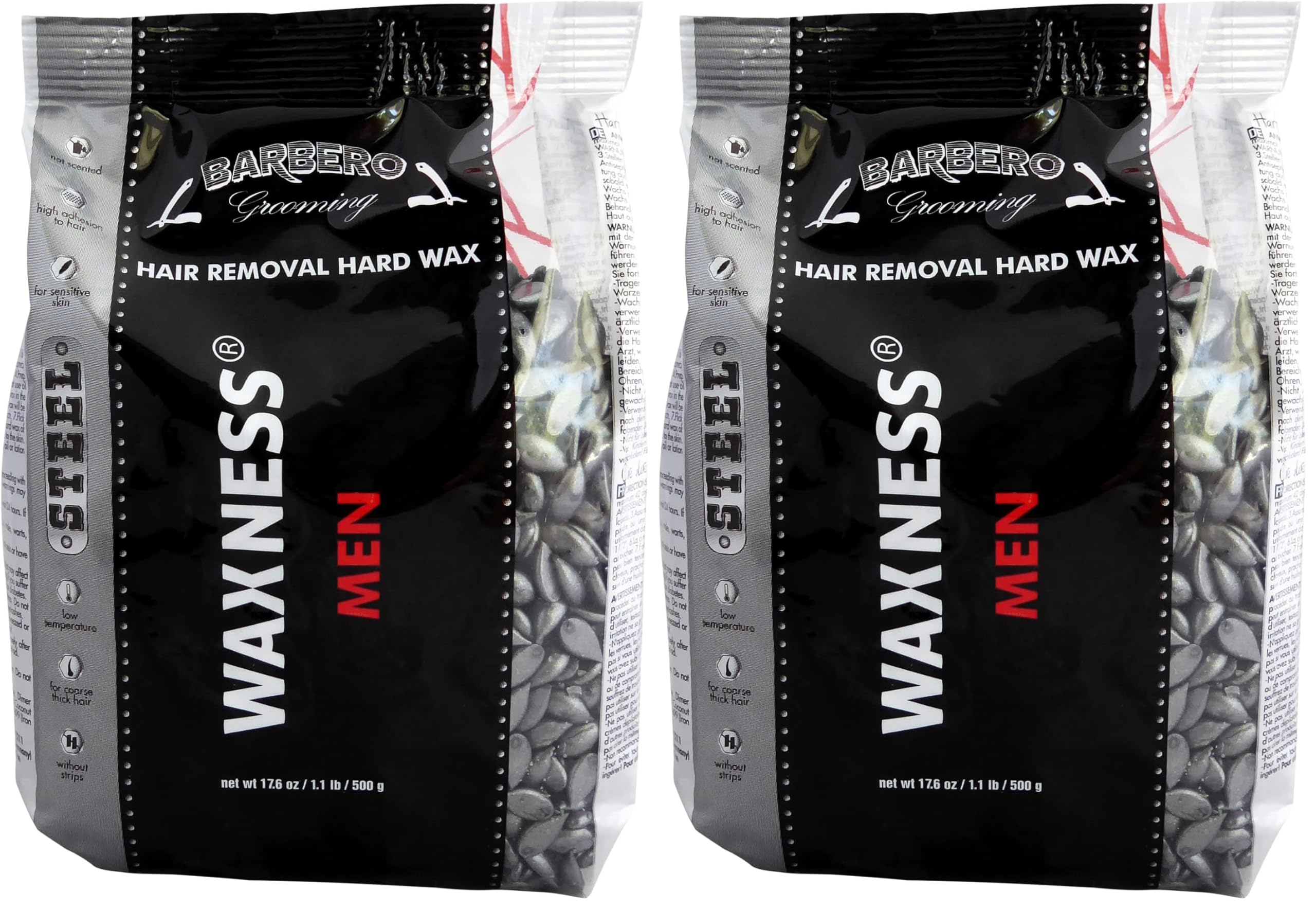 Wax Necessities Barbero hard wax steel pack label for quick barber use.
