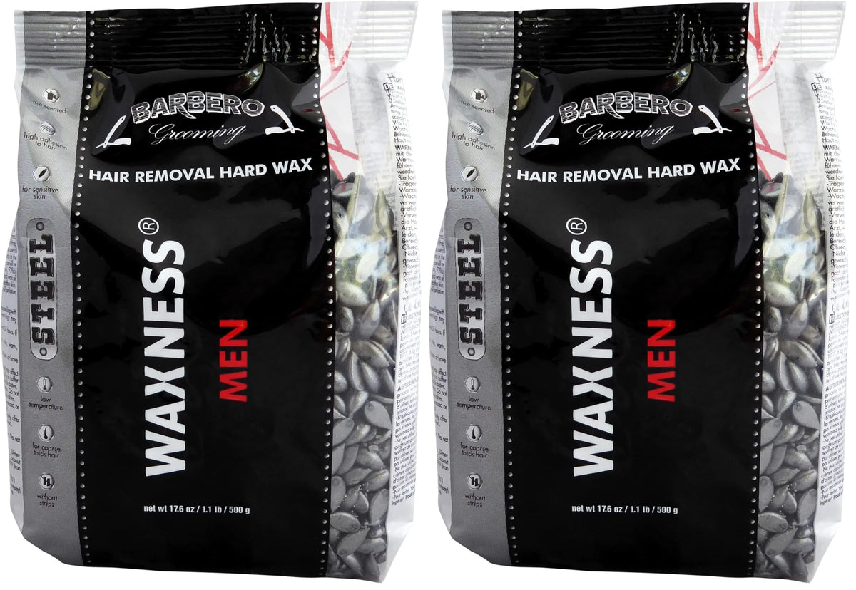 Wax Necessities Barbero hard wax steel pack label for quick barber use.