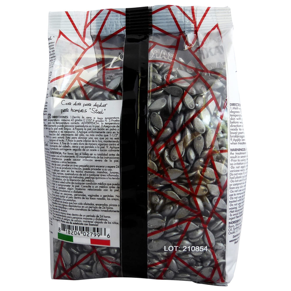 Wax Necessities Barbero hard wax steel texture highlighting durable performance.