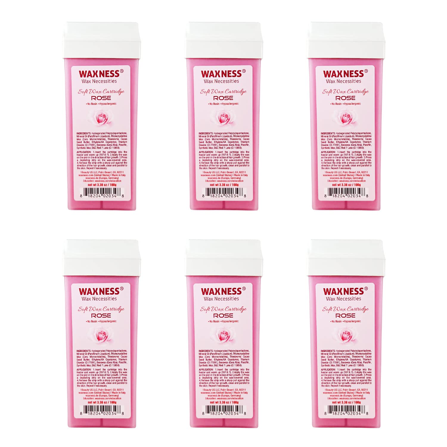 Wax Necessities Rose Soft Wax Cartridge 6-pack front label shows gentle formula for sensitive skin.