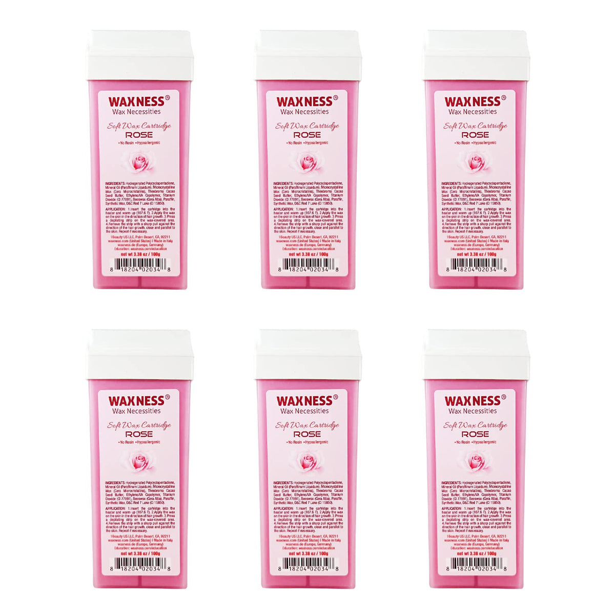 Wax Necessities Rose Soft Wax Cartridge 6-pack front label shows gentle formula for sensitive skin.