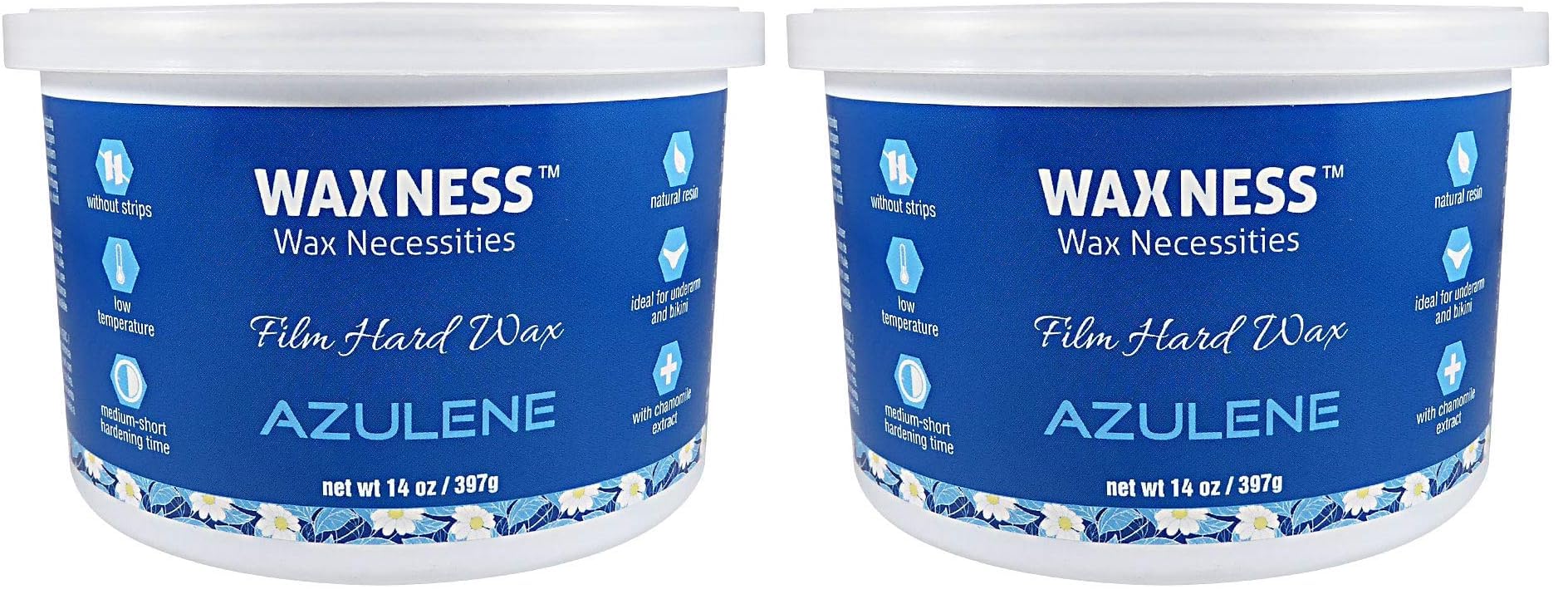Wax Necessities Waxness Azulene stripless wax tin pack of 2 shown for professional use