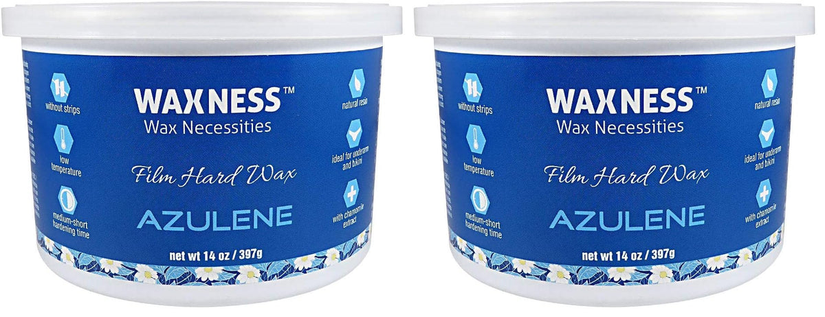 Wax Necessities Waxness Azulene stripless wax tin pack of 2 shown for professional use