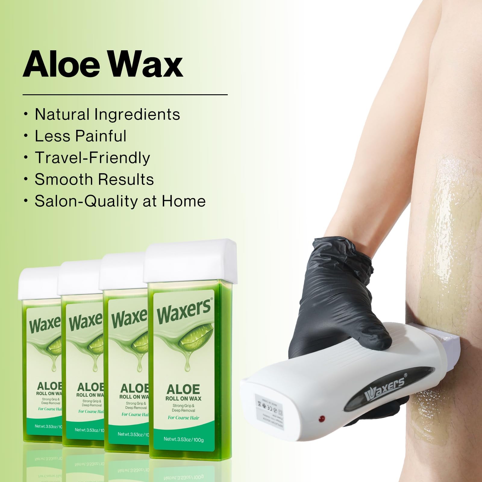 Waxers Roll-On Wax Kit warming unit ensures even heat for comfortable sessions.