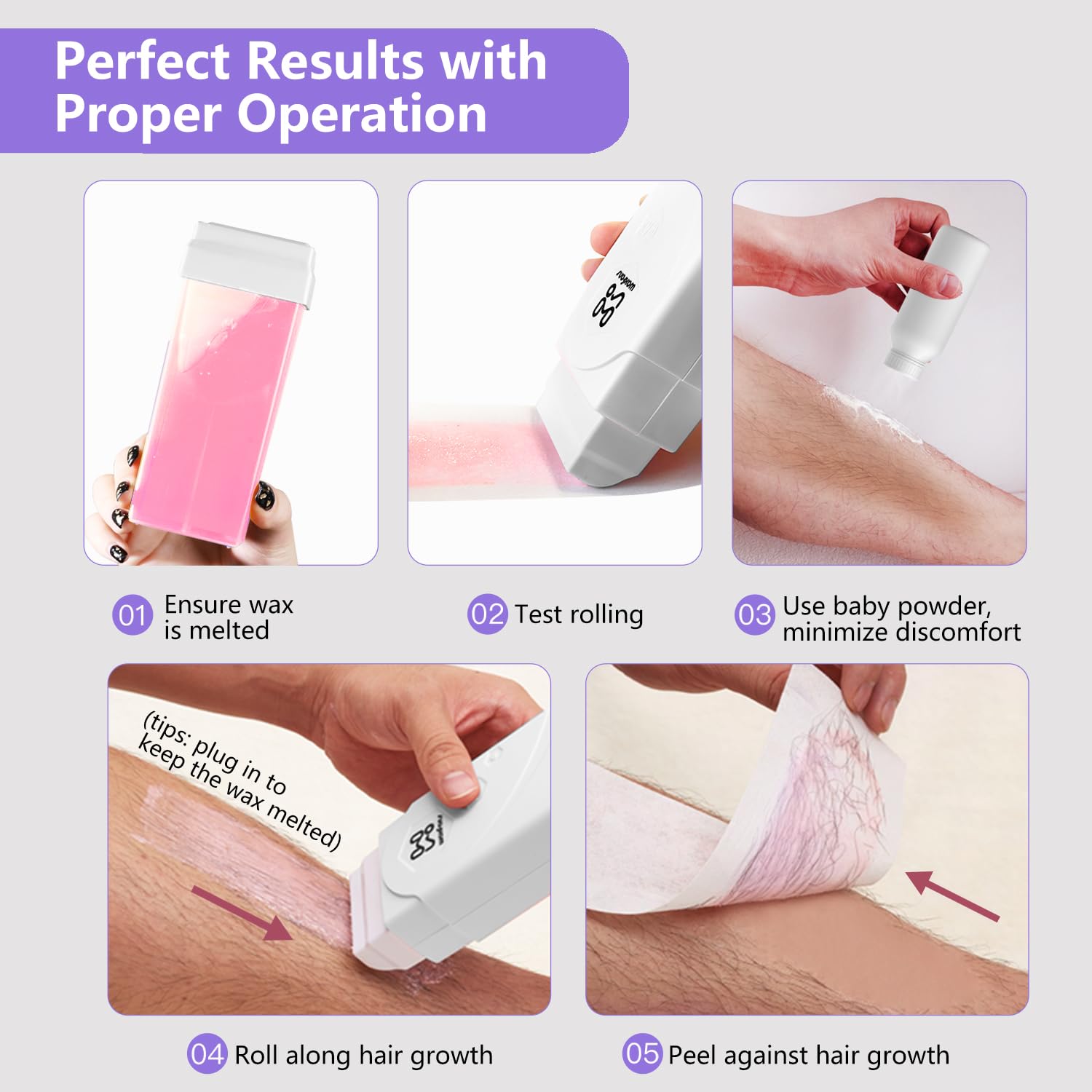 Waxfans roll-on-wax-kit-roller-refills-strips includes refills and strips.