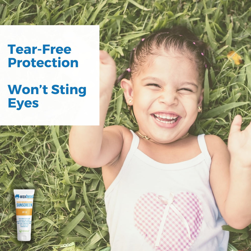 Waxhead Kids Sunscreen application on the face demonstrates tear-free, protective coverage