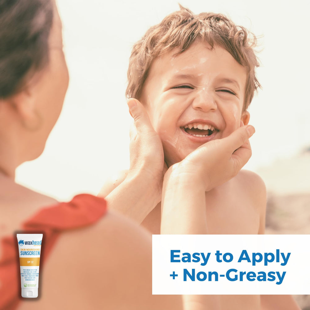 Waxhead Kids Sunscreen tube closeup highlights mineral SPF 32 in a gentle formula