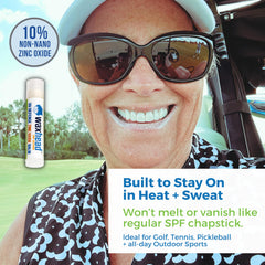 Waxhead mineral lip sunscreen stick stays on during sweat and water activities.