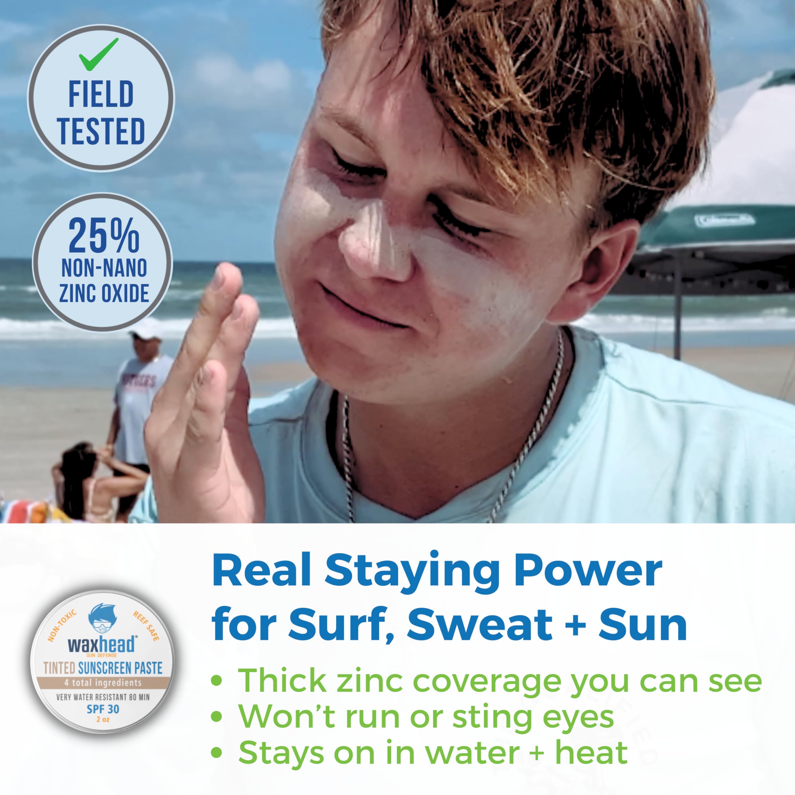 Waxhead SPF 30 zinc paste resists sweat and salt for long surf sessions.