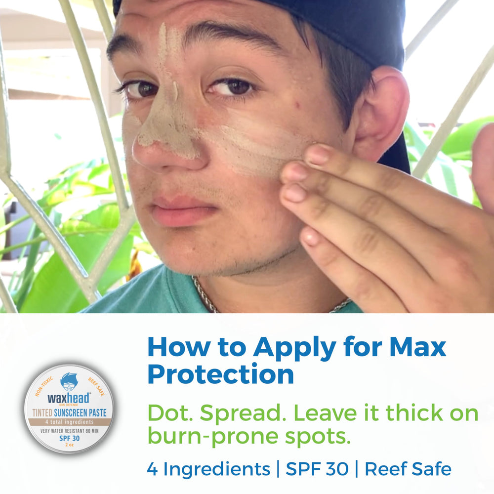 Waxhead tinted sunscreen applied around nose and eyes for precise coverage.