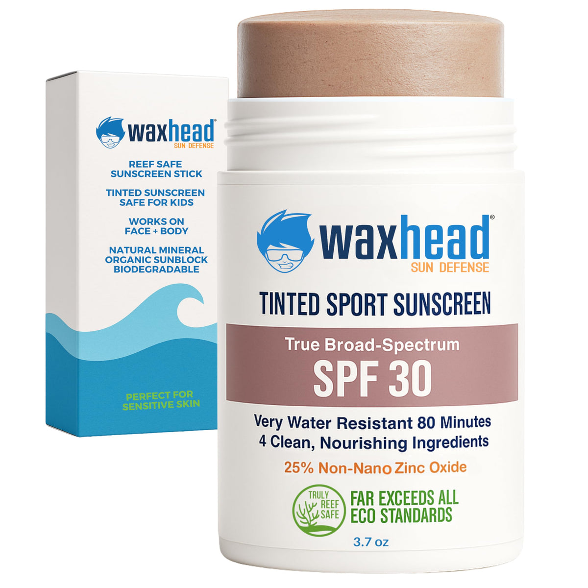 Waxhead tinted zinc oxide sport sunscreen stick applied to skin for active protection