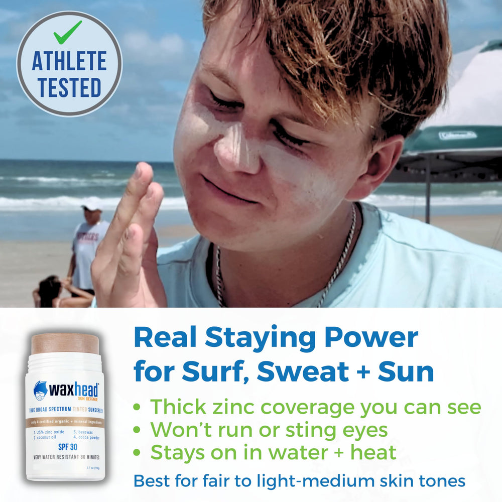 Waxhead tinted zinc oxide sport sunscreen stick on cheeks for even coverage