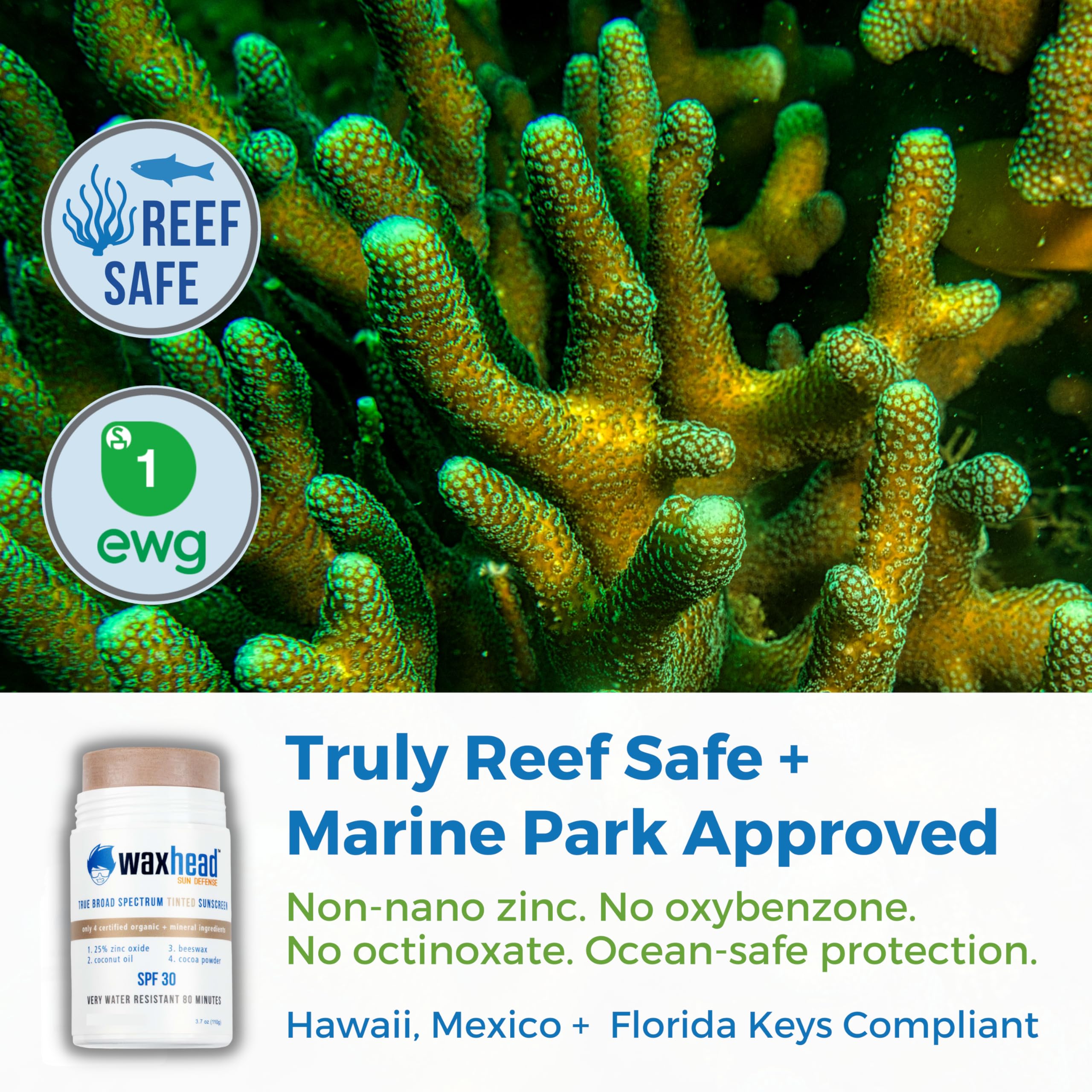 Waxhead reef-safe tinted sunscreen stick safe for marine environments