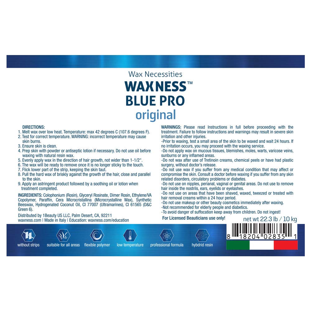 Waxness Blue packaging label emphasizing the professional European resin formula