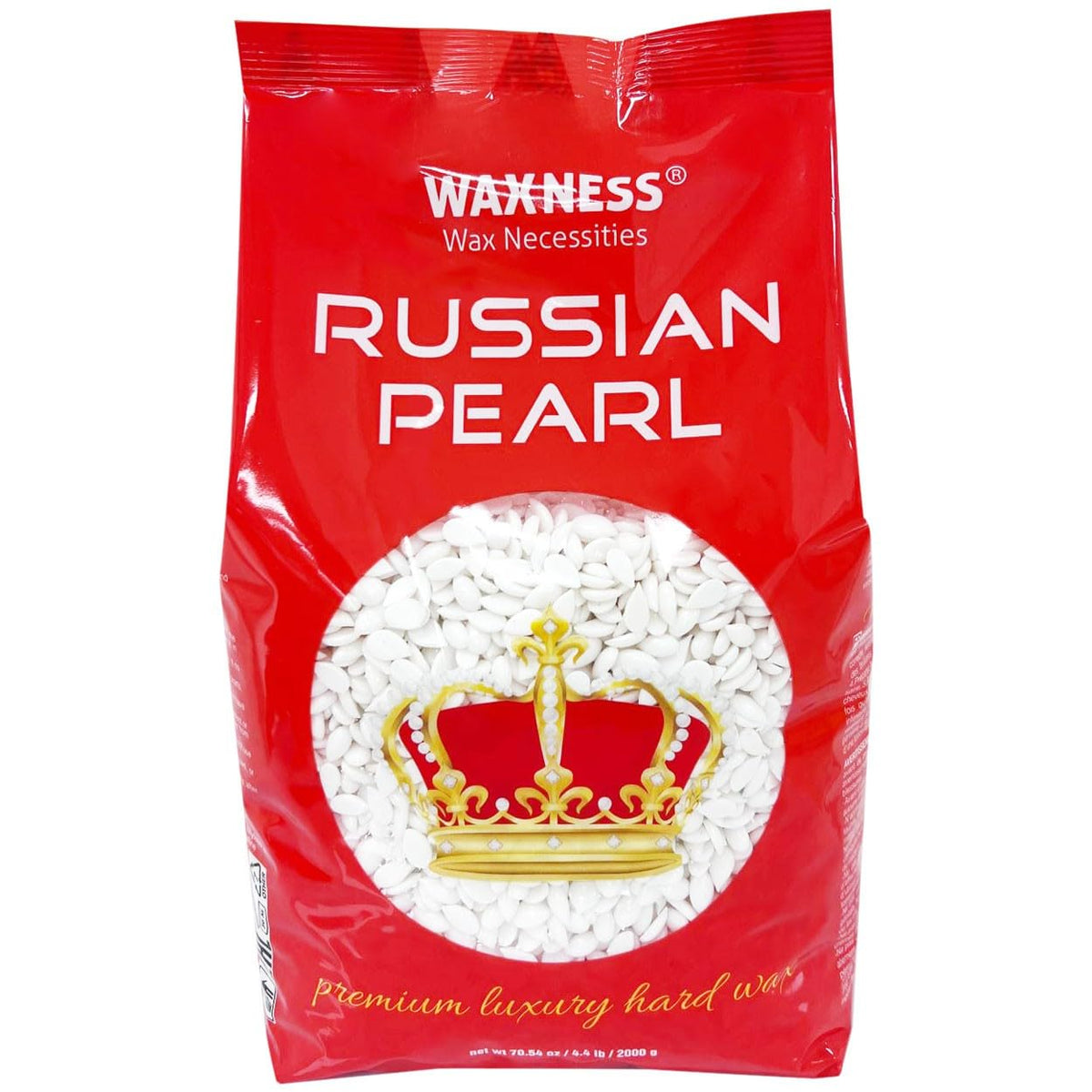 Waxness Russian Pearl hard wax beads pack shows rosins-free formula for gentle professional waxing.