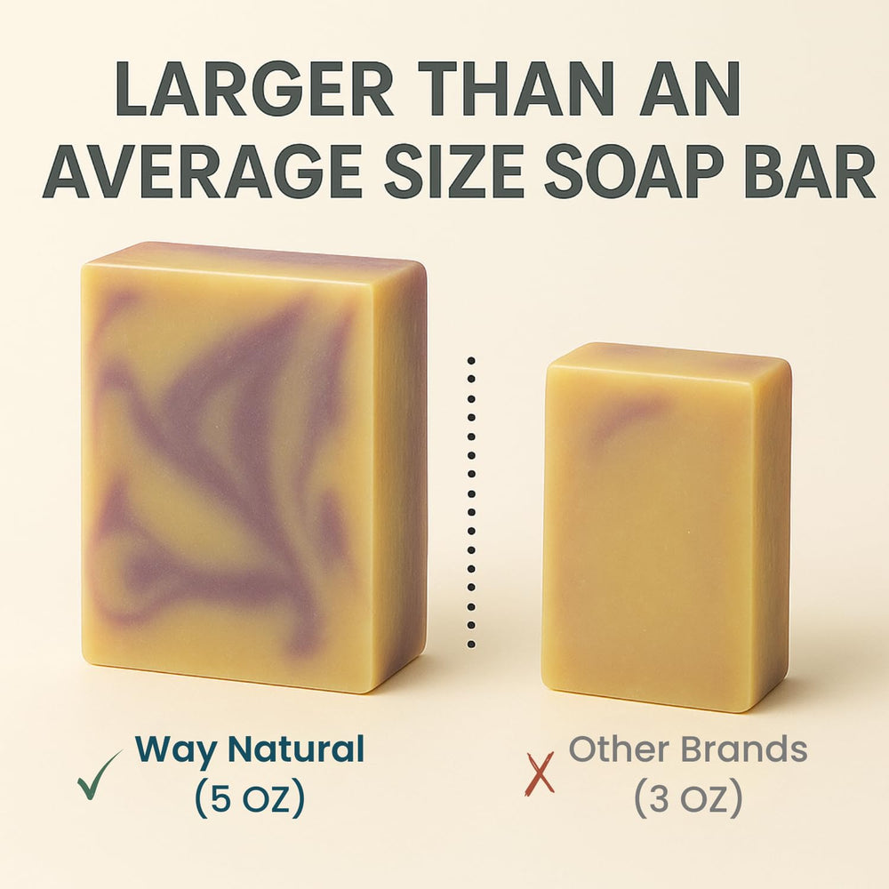 Way Natural French Lavender goat milk soap bar 3-pack on bathroom shelf, calming lavender aroma.