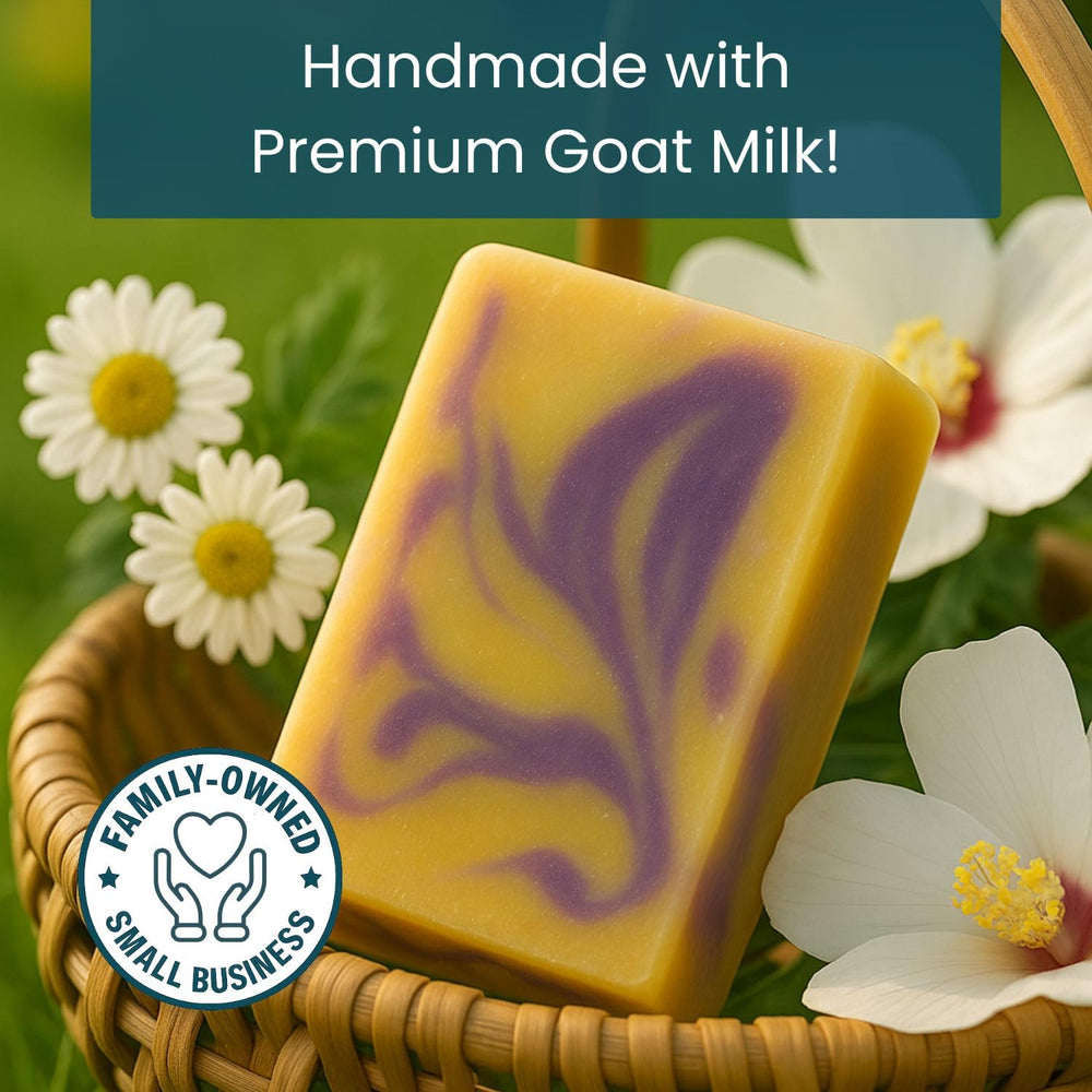 Way Natural French Lavender goat milk soap bar 3-pack close-up texture, rich moisturizing cream.