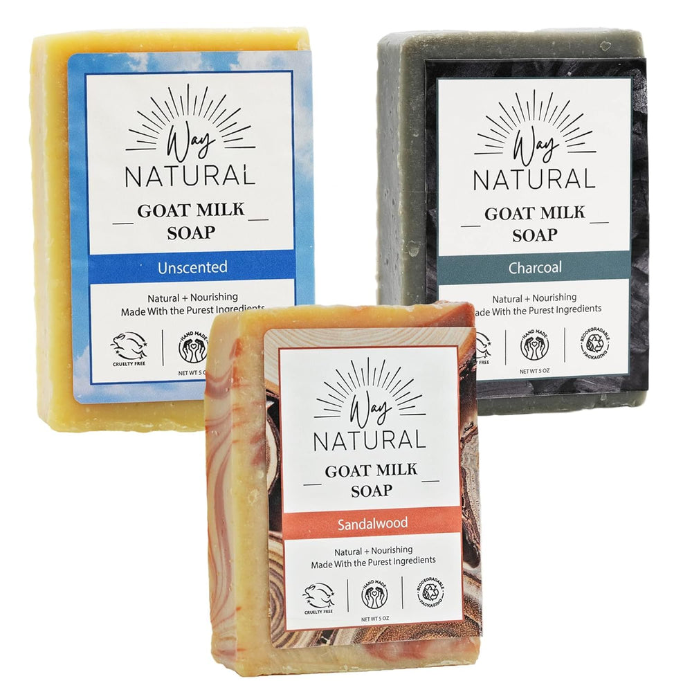 Way Natural goat milk soap sandalwood bar with creamy lather for moisturized skin.