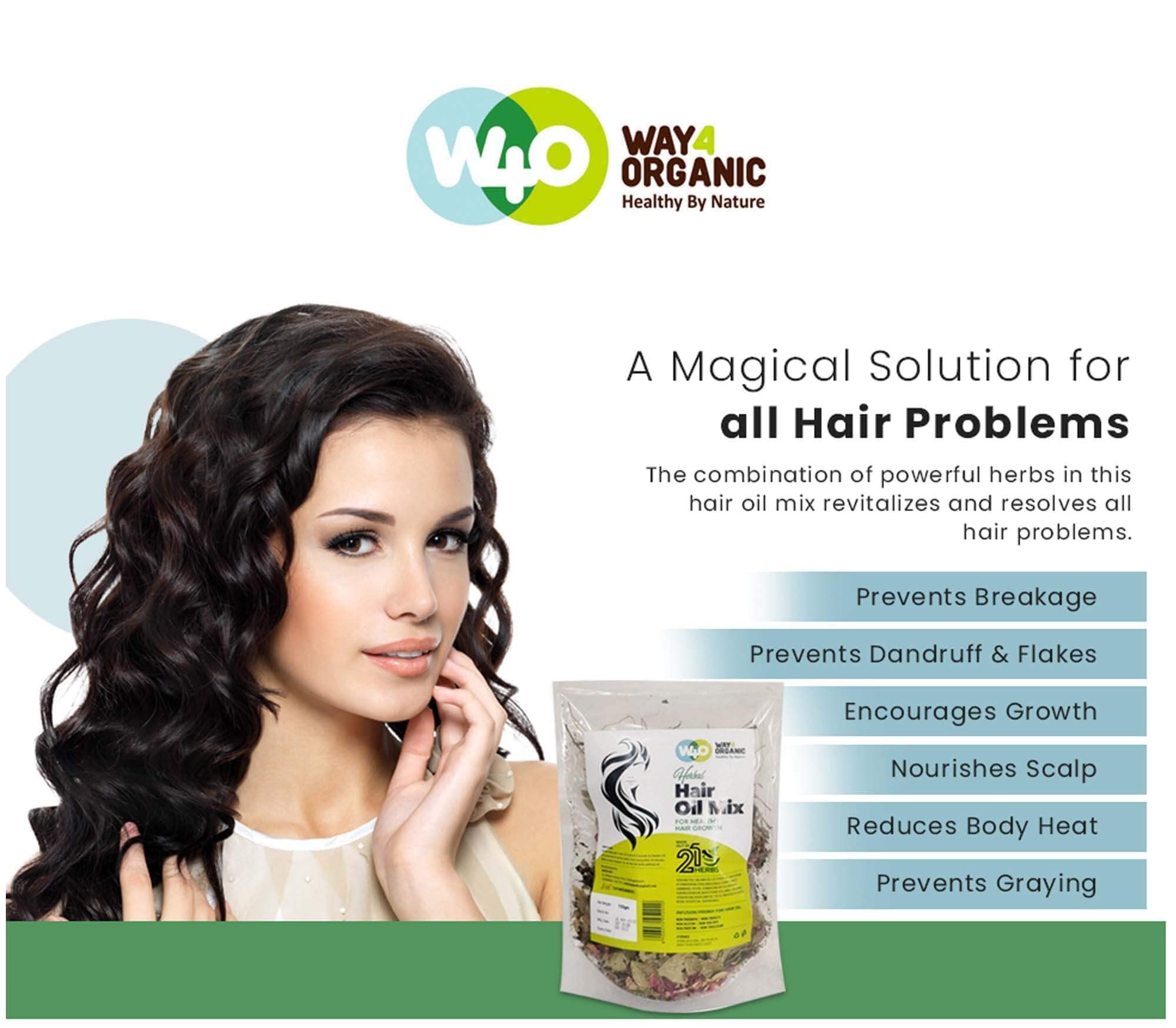 Way4Organic Herbal Hair Oil Mix label shows 21 herbs for infusion.