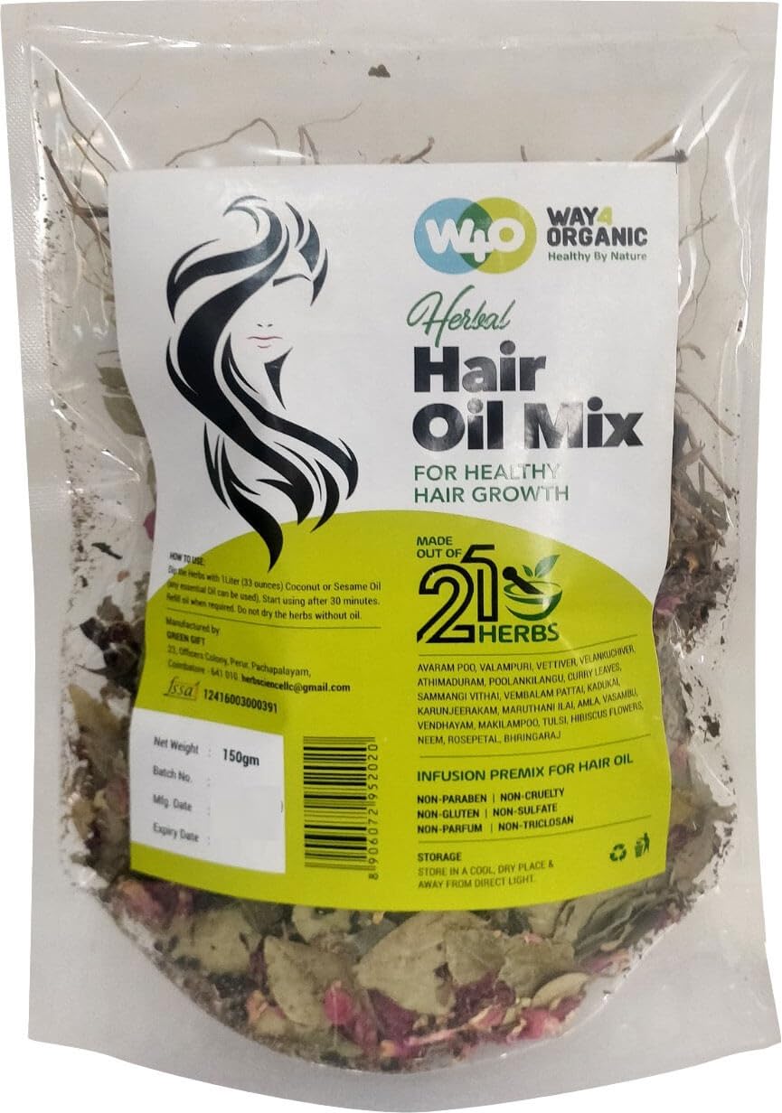 Way4Organic Herbal Hair Oil Mix bottle with herbs soaking for natural nourishment.
