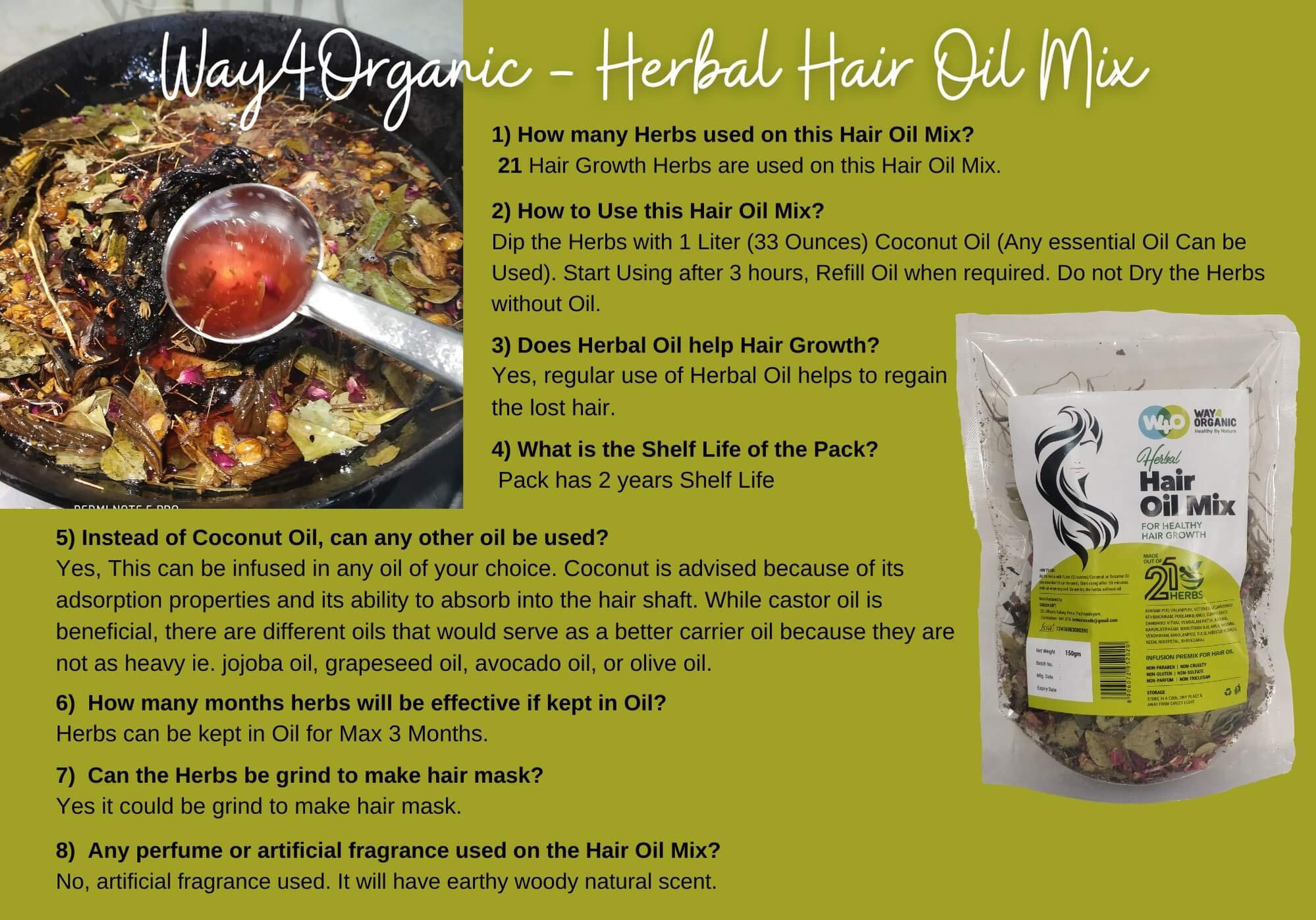 Way4Organic Herbal Hair Oil Mix information noting shelf life of 2 years.