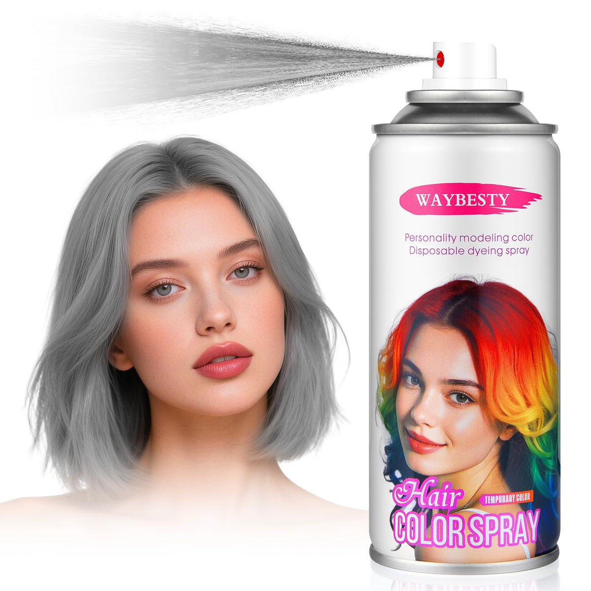 Waybesty Grey Hair Spray Color bottle shows silver shade for quick transformation