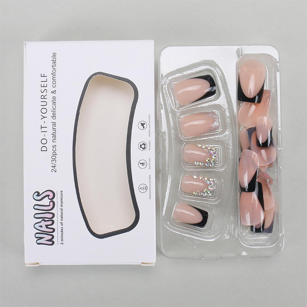WBRRFJJ nude-base tips with black tips and rhinestones for elegant style.