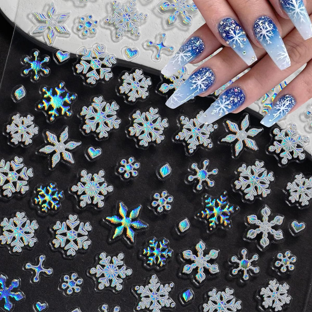 WBRRFJJ holographic blue white snowflakes add shimmer to winter nails.