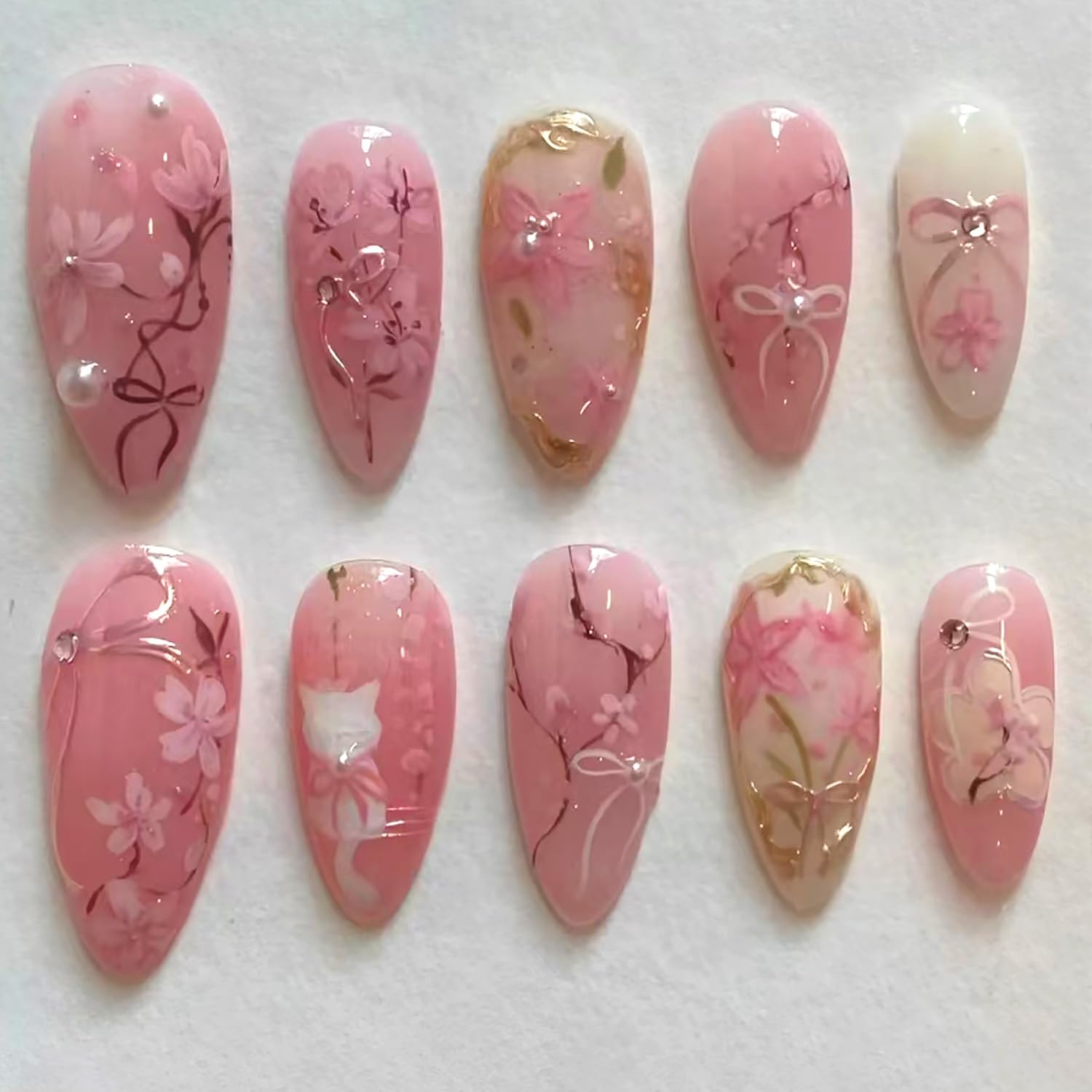 WBRRFJJ pink flower press-on nails medium almond for quick salon-quality manicure at home.