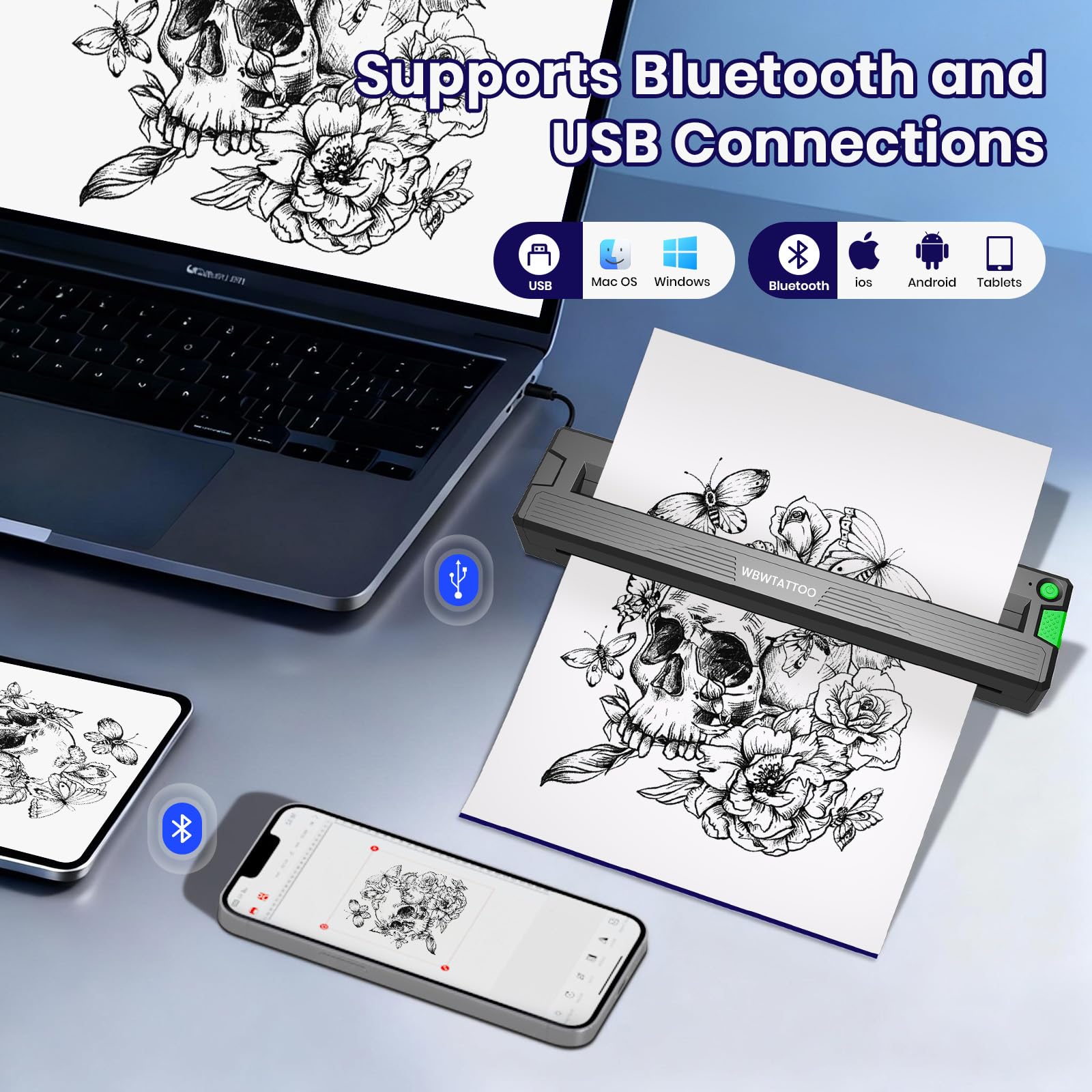 WBWTATTOO T18 — batteries rechargeables offrant jusqu’à 150 pages par charge.