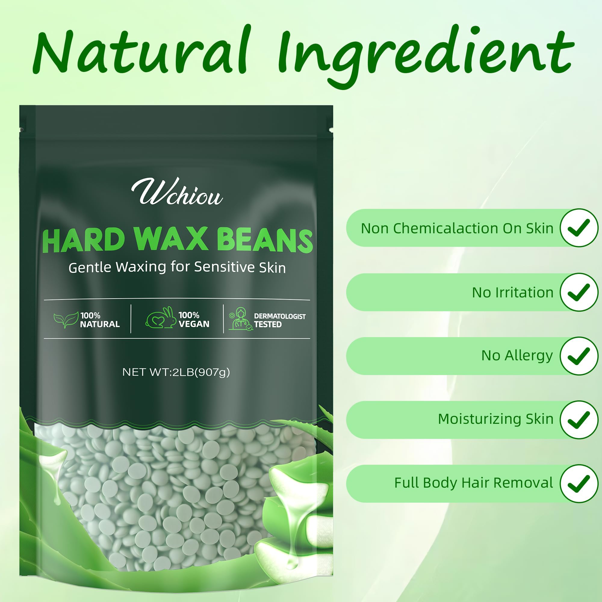 Wchiou wax beads packaging highlights premium aloe vera formula.