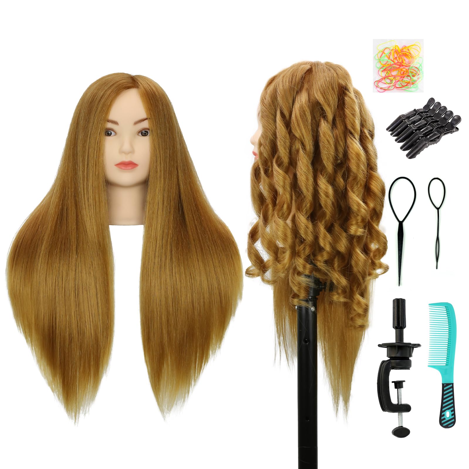 WDQXCQA mannequin head front view shows lifelike 22-inch real-hair for realistic practice